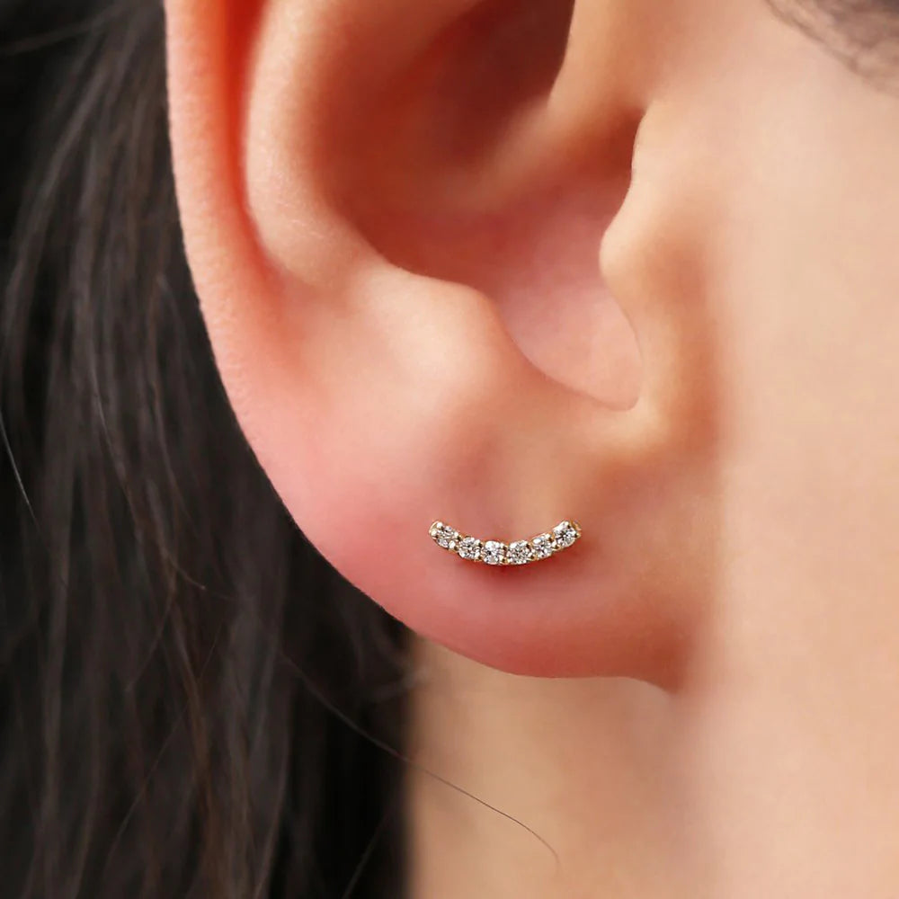 Solid Gold Diamond Curved Bar Stud Earrings
