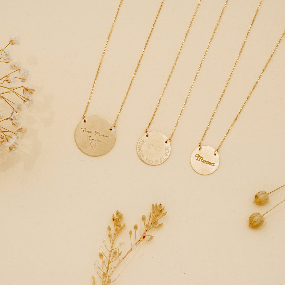 Solid Gold Dainty Engravable Brushed Disc Necklace