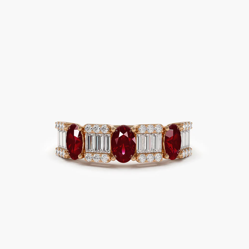 Solid Gold Baguette & Round Diamond with Genuine Ruby Ring