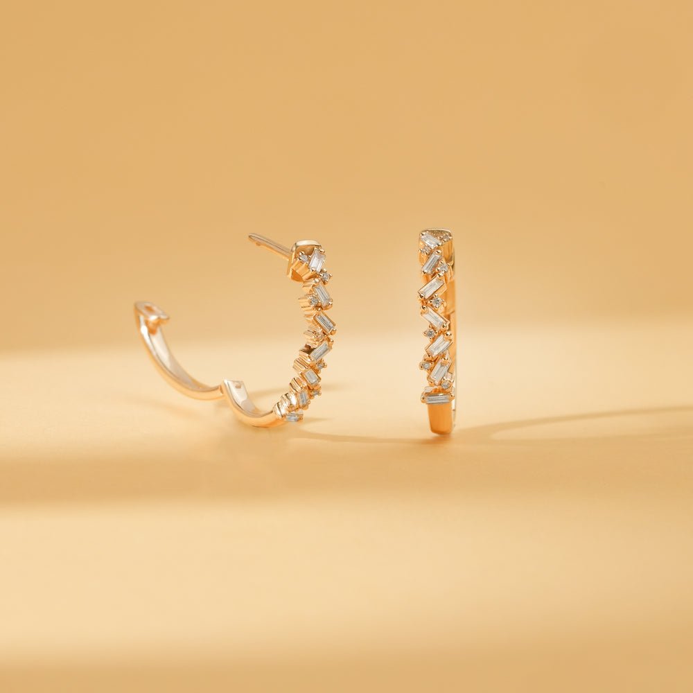 Solid Gold Stacked Baguette Diamond Hoops