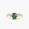 Solid Gold Oval Shape Emerald and Diamond 3 Stone Ring
