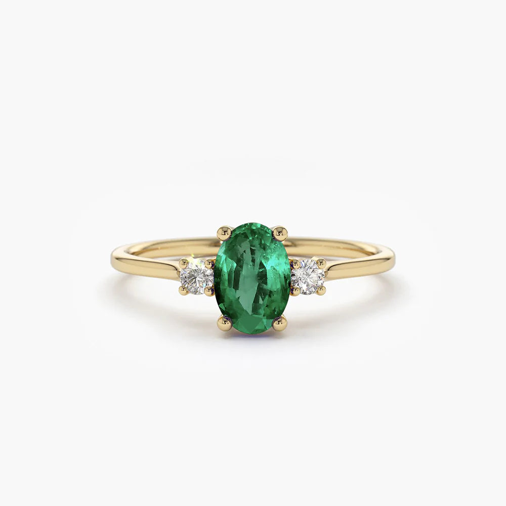 Solid Gold Oval Shape Emerald and Diamond 3 Stone Ring
