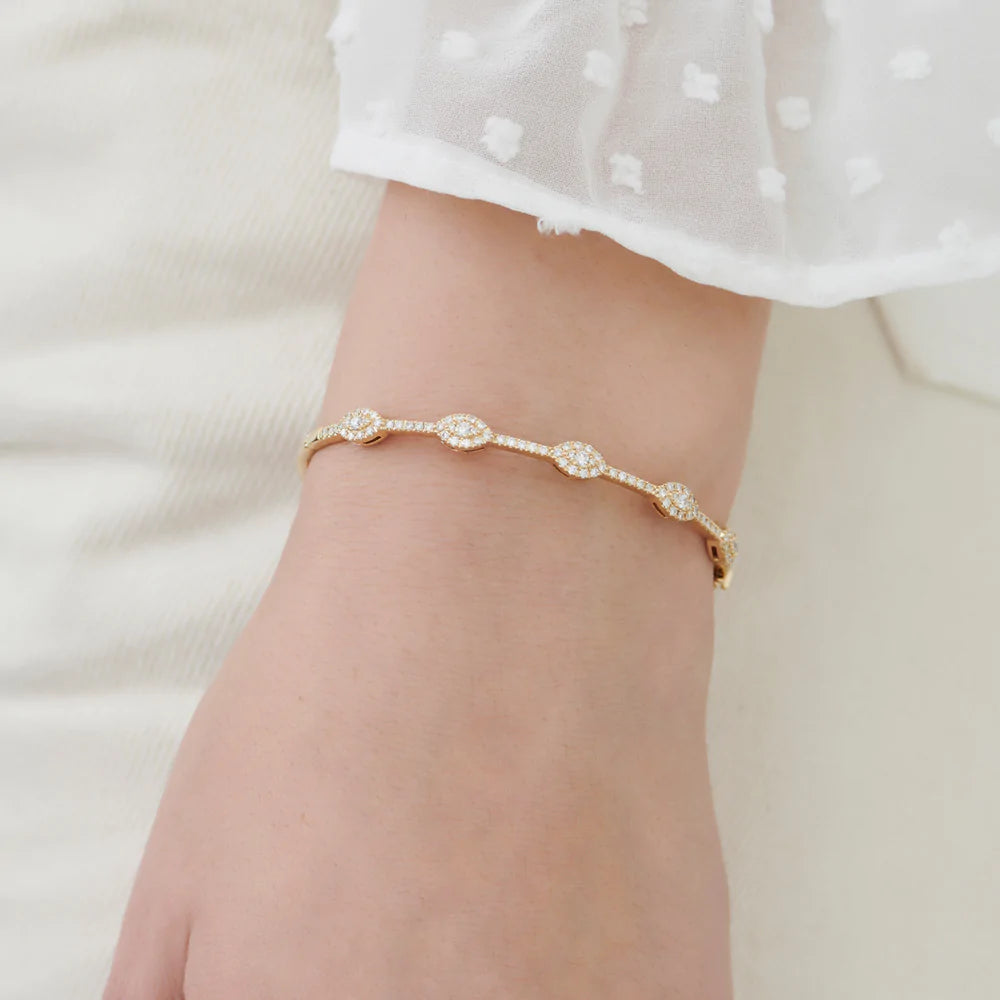 Solid Gold Marquise Shape Round Diamond Bangle Bracelet