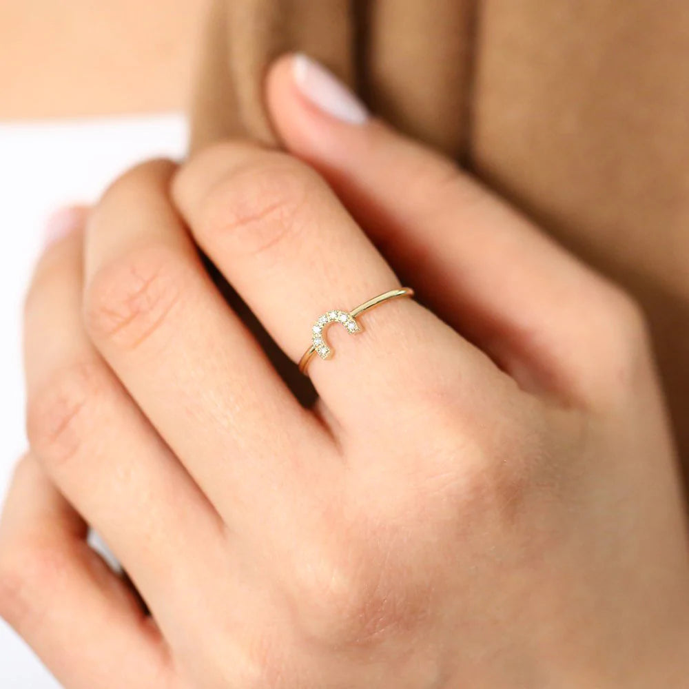 Solid Gold Horseshoe Ring with Round Cut White Diamonds