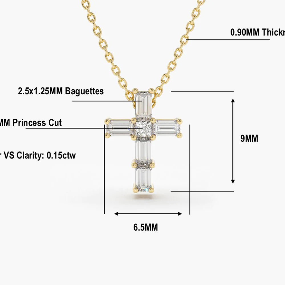 Solid Gold Baguette Diamond Tiny Cross Necklace