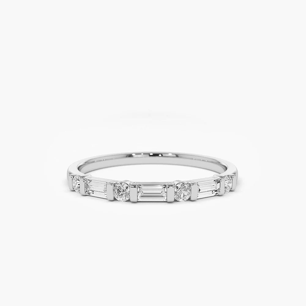 Solid Gold Alternating Baguette and Round Diamond Wedding Ring