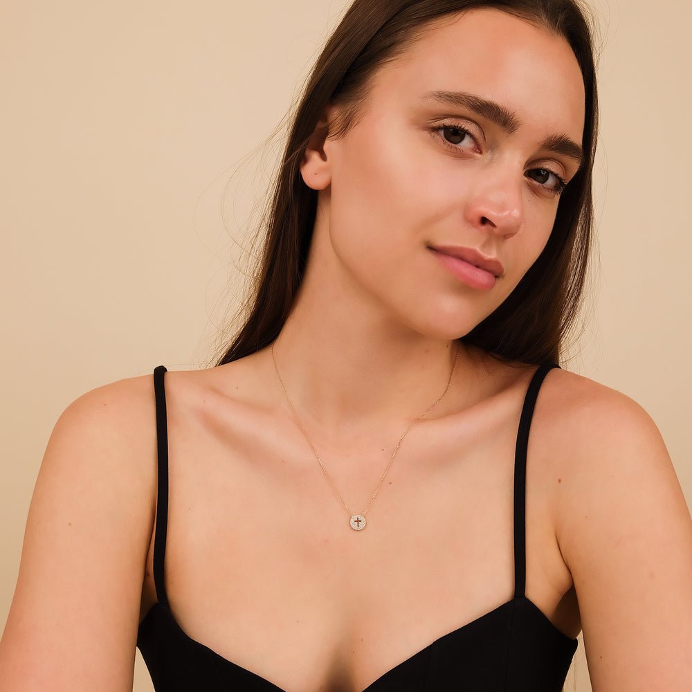 Solid Gold Cross Cutout Diamond Disc Necklace