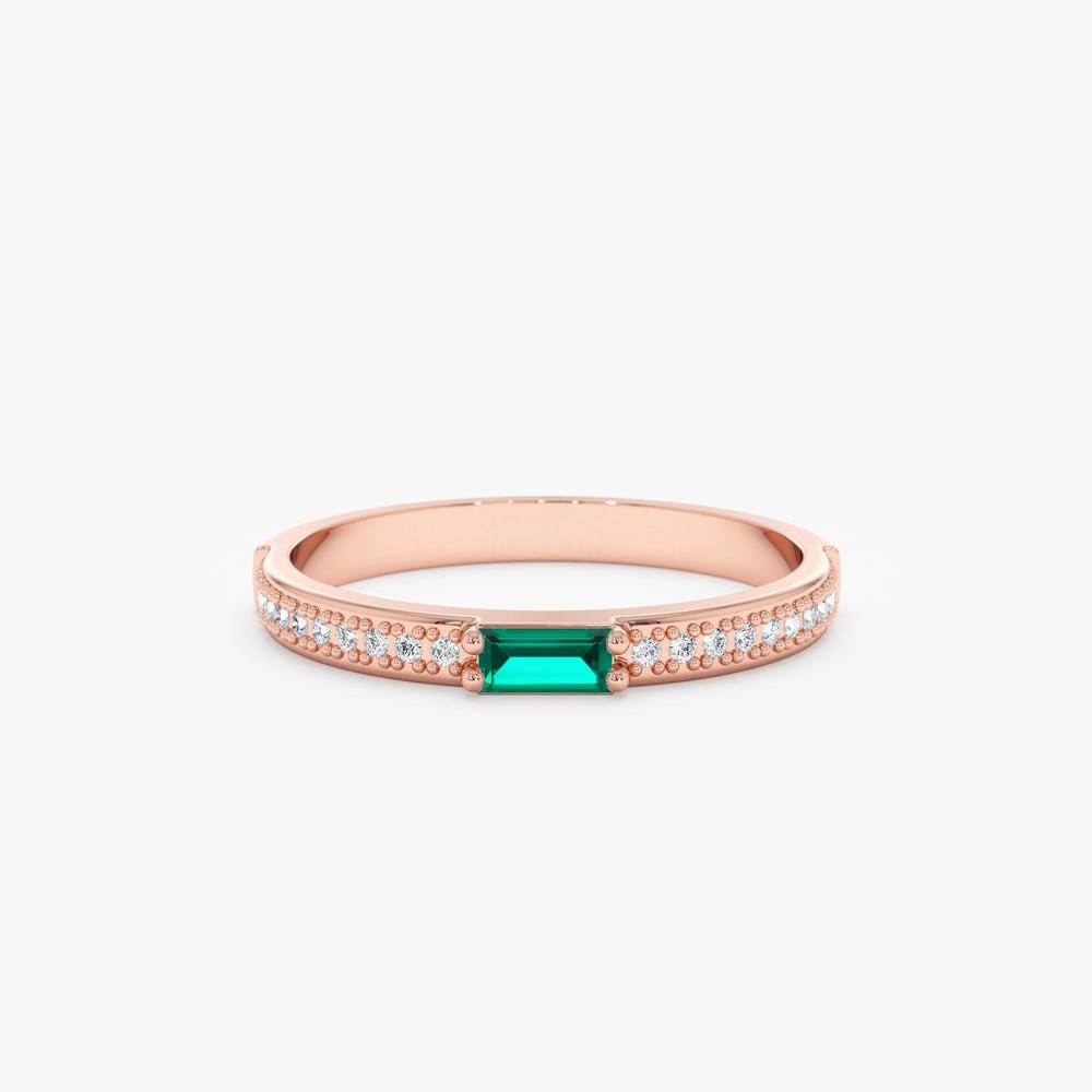 18K Solid Gold Diamond and Baguette Emerald Ring - Style A