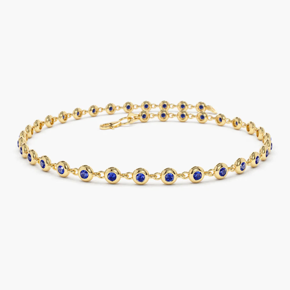 Solid Gold Yellow Gold Bezel-Set Blue Sapphire Station Bracelet⁠