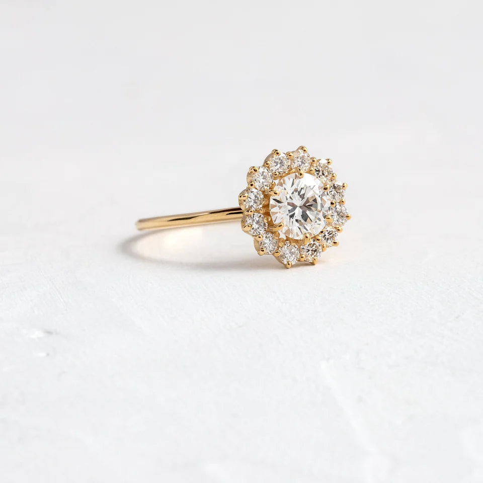 Solid Gold Halo Ring, 0.7ct. Round Cut Diamond Moissanite Engagement Ring