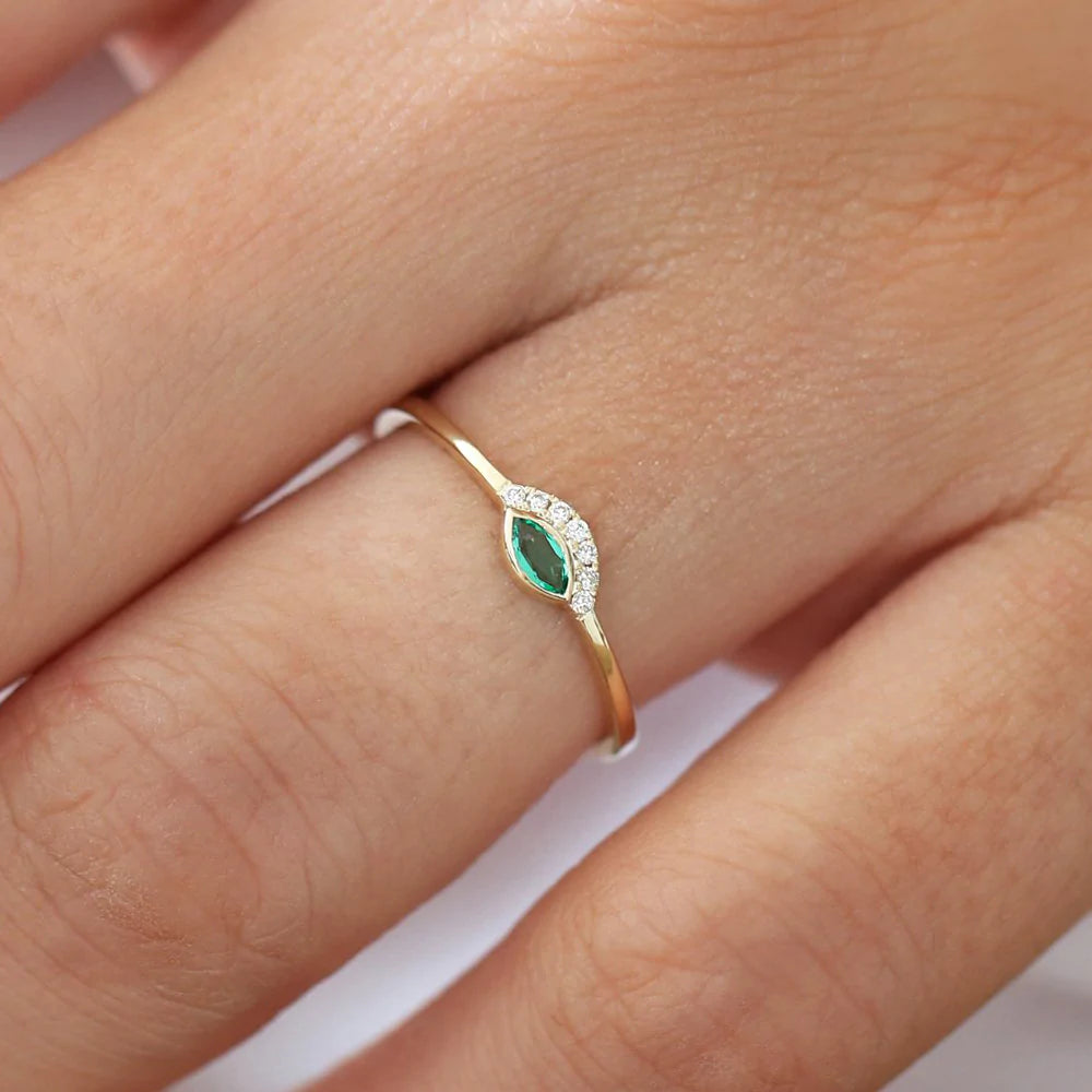 Solid Gold Marquise Emerald Eye Diamond Ring