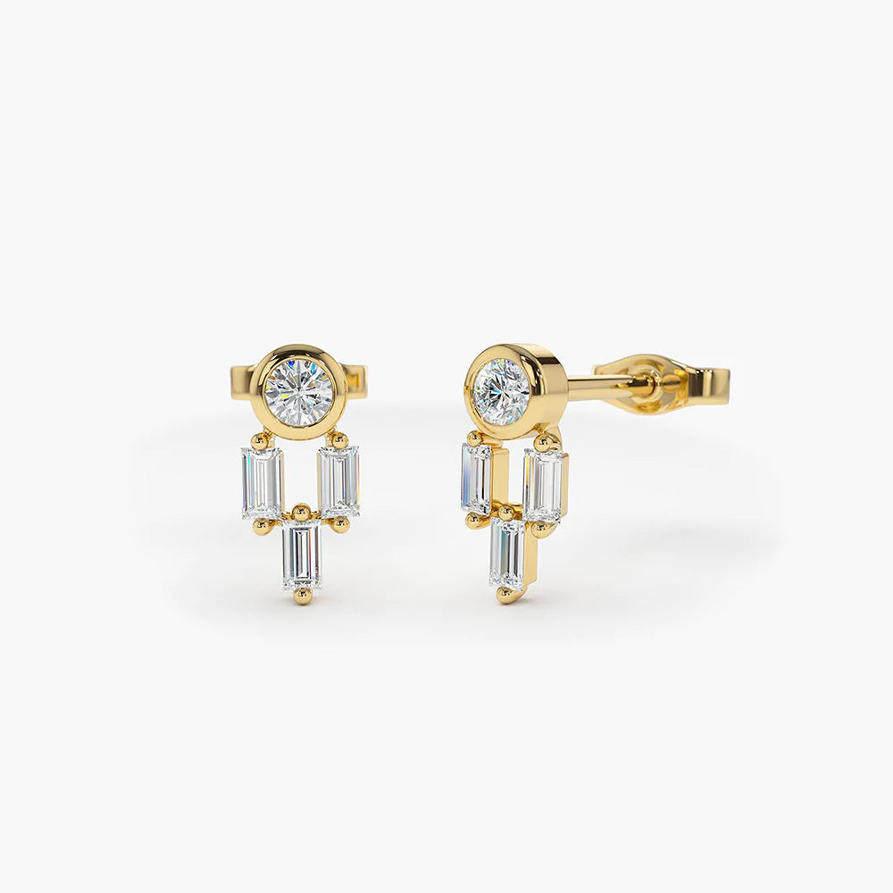 Solid Gold Unique Baguette Diamond Earrings