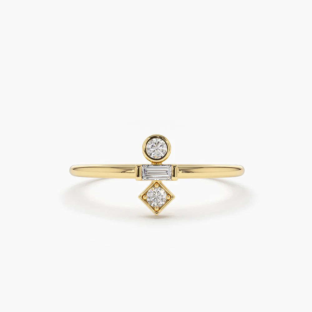Solid Gold Baguette and Round Cut Diamond Ring