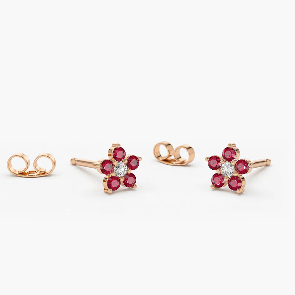 Solid Gold Ruby and Diamond Flower Studs