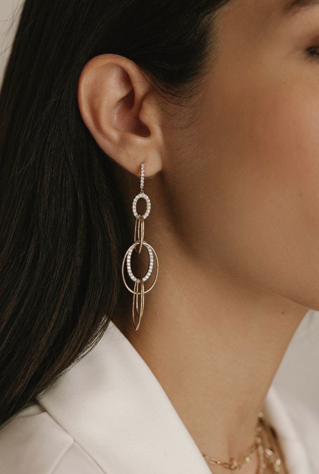 Solid Gold Diamond Multi Oval Drop Hoop Earring