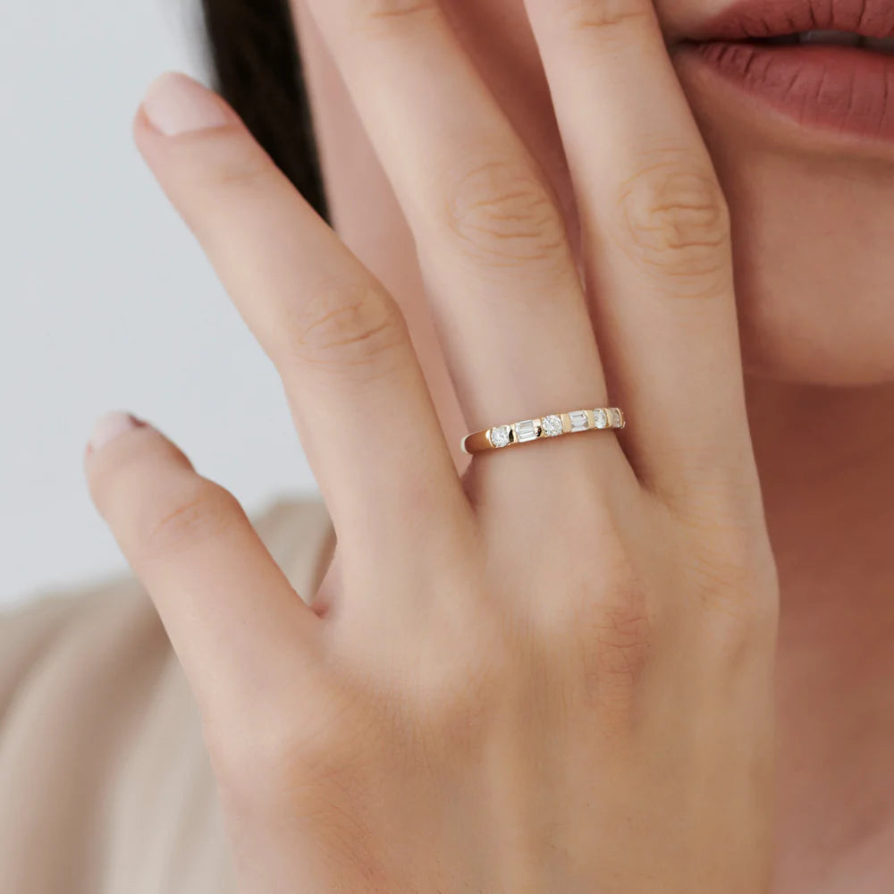 Solid Gold Double Baguette and Round Diamond Wedding Ring