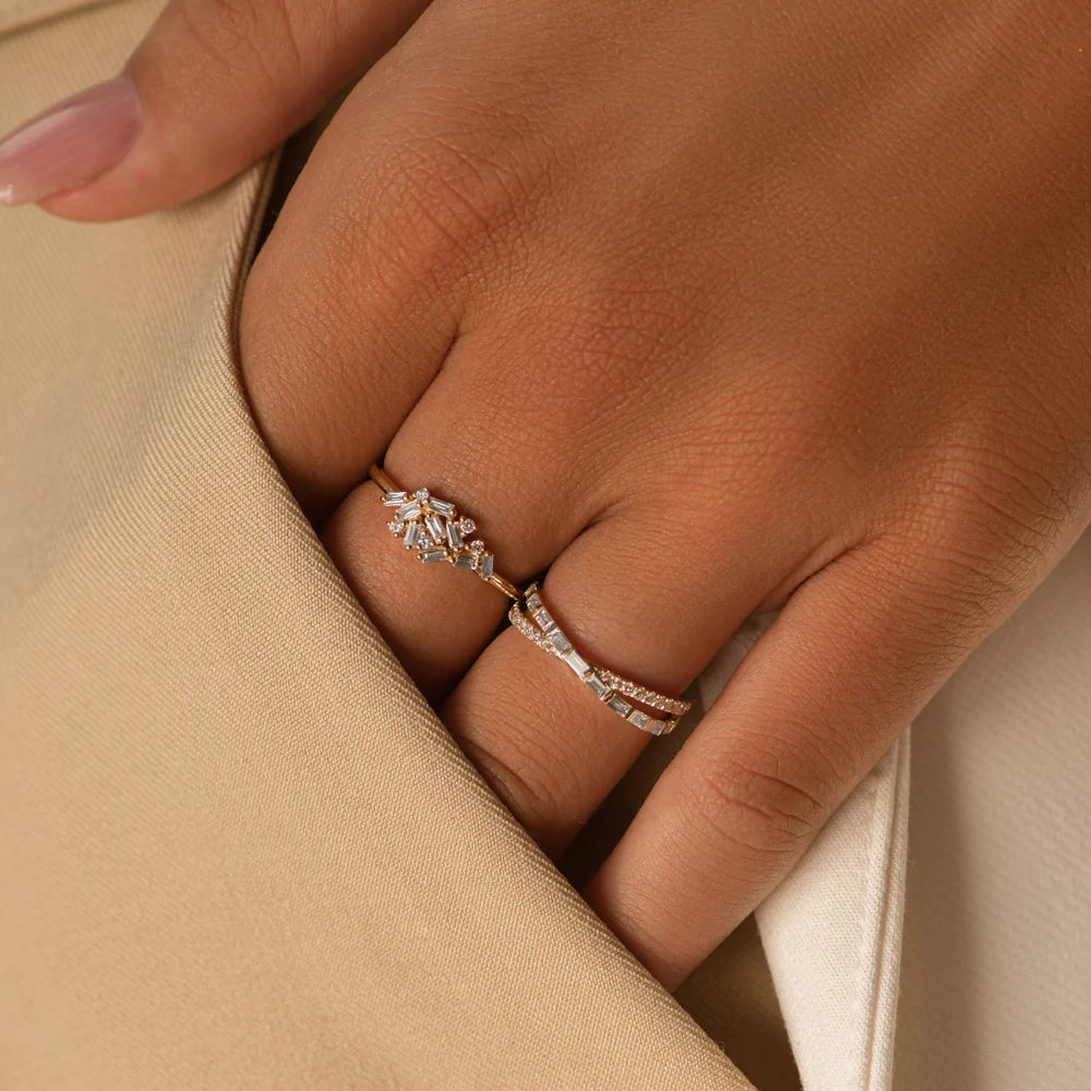 Solid Gold Mix Baguette and Round Diamond Crossover Ring