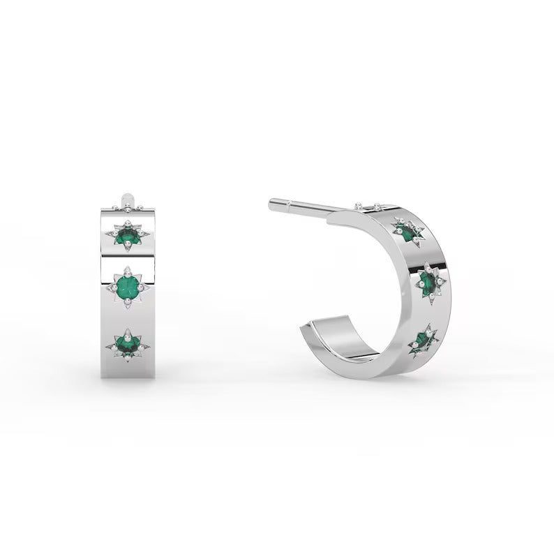 Solid Gold 1.5 MM wide Hoop Natural Emerald earrings