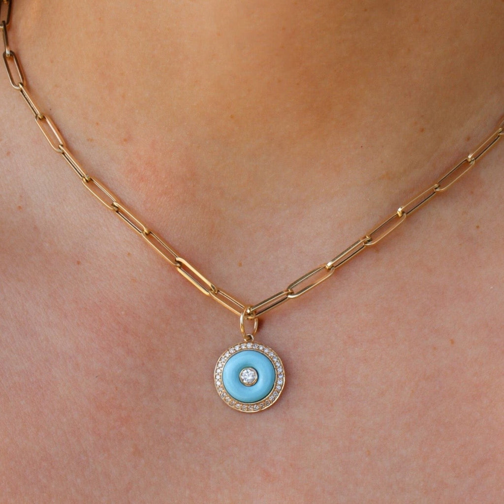Solid Gold Diamond Round Turquoise Pendant