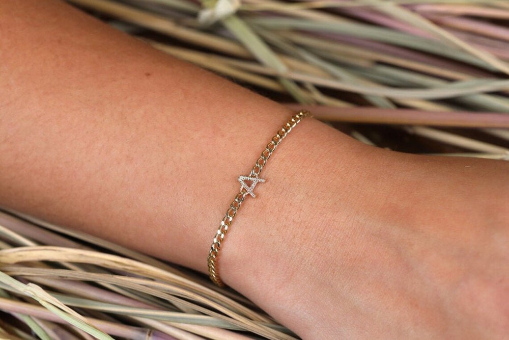 Solid Gold Diamond Initial Cuban Chain Bracelet
