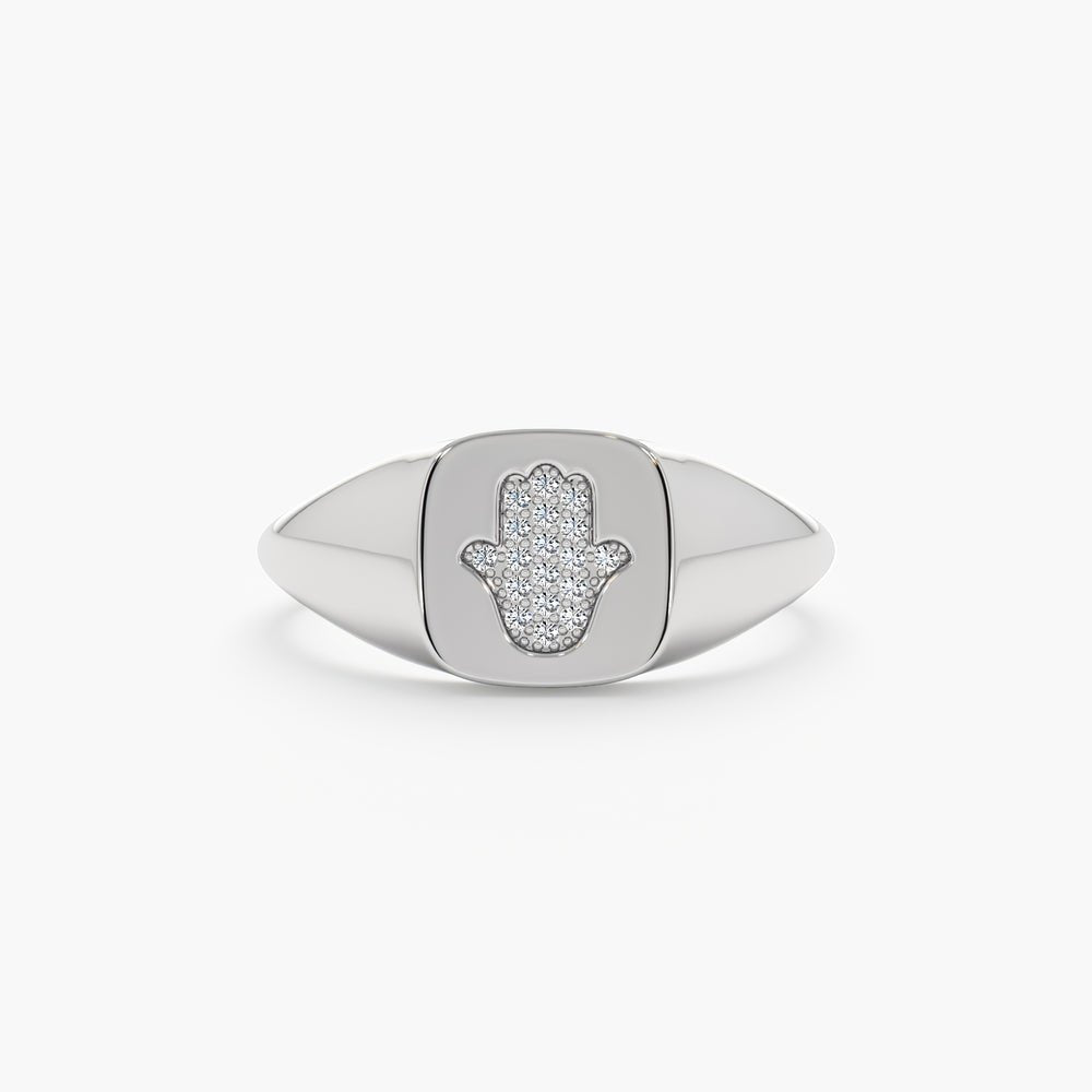 14K Solid Gold Diamond Hamsa Signet Ring