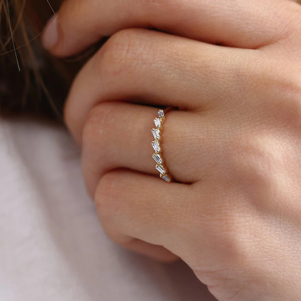 Solid Gold 7 Stone Slanted Baguette Diamond Ring