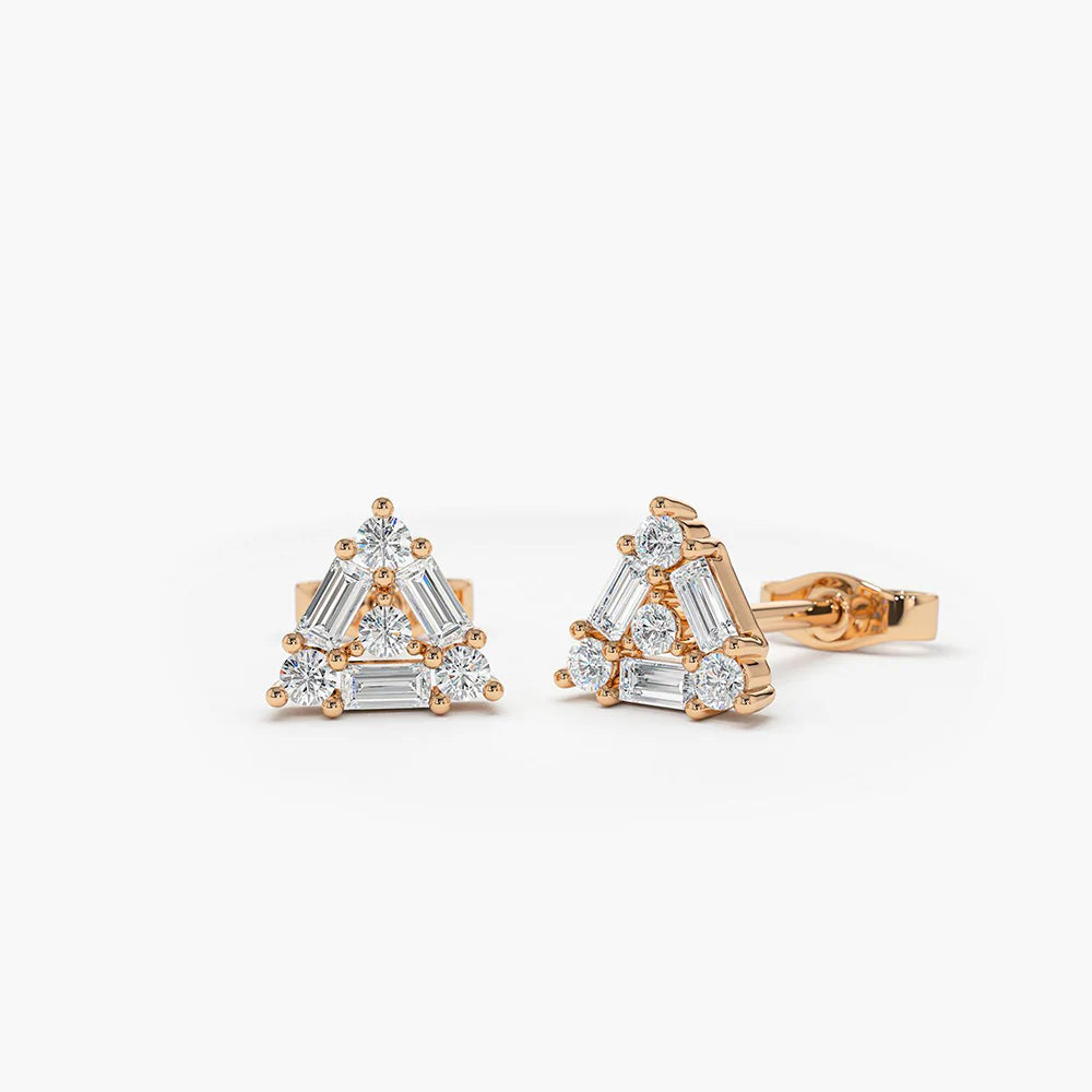 Solid Gold Triangle Shaped Round & Baguette Gold Diamond Studs