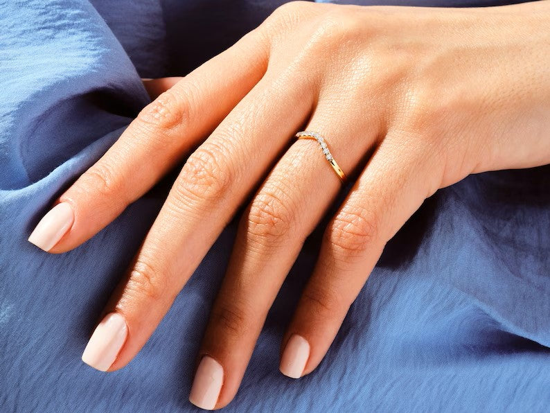Solid Gold Curved Wedding Ring | Nine-Stone Diamond Wedding Band for Women