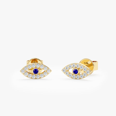 Solid Gold Diamond Sapphire Evil Eye Studs