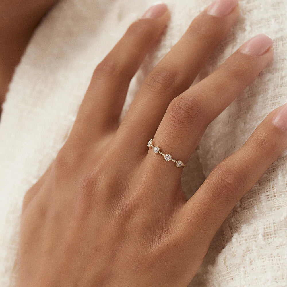 Solid Gold Hexagon Milgrain Setting Five Stone Diamond Ring