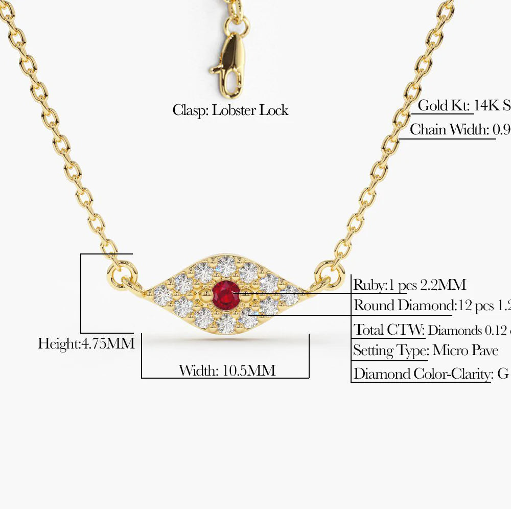 Solid Gold Diamond and Ruby Evil Eye Necklace