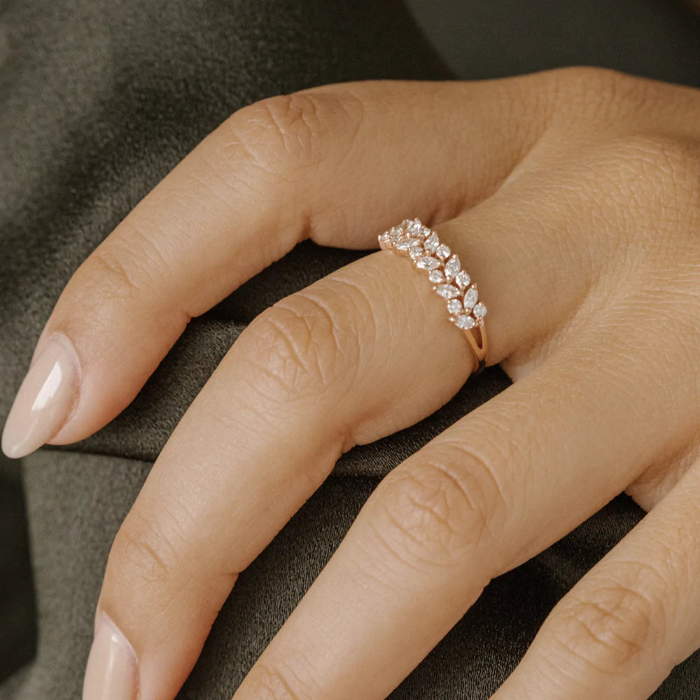 Solid Gold Two Row Marquise & Round Diamond Ring