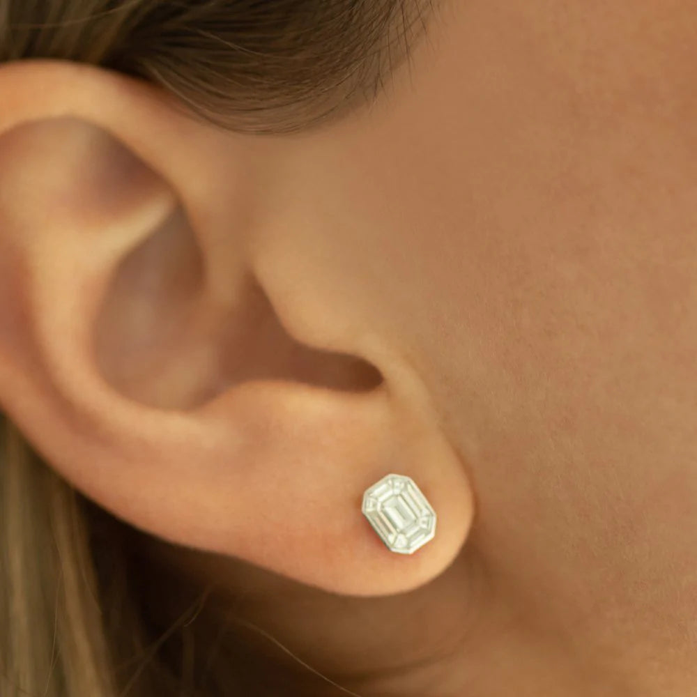 Solid Gold Illusion Setting Step Cut Moissanite Diamond Studs