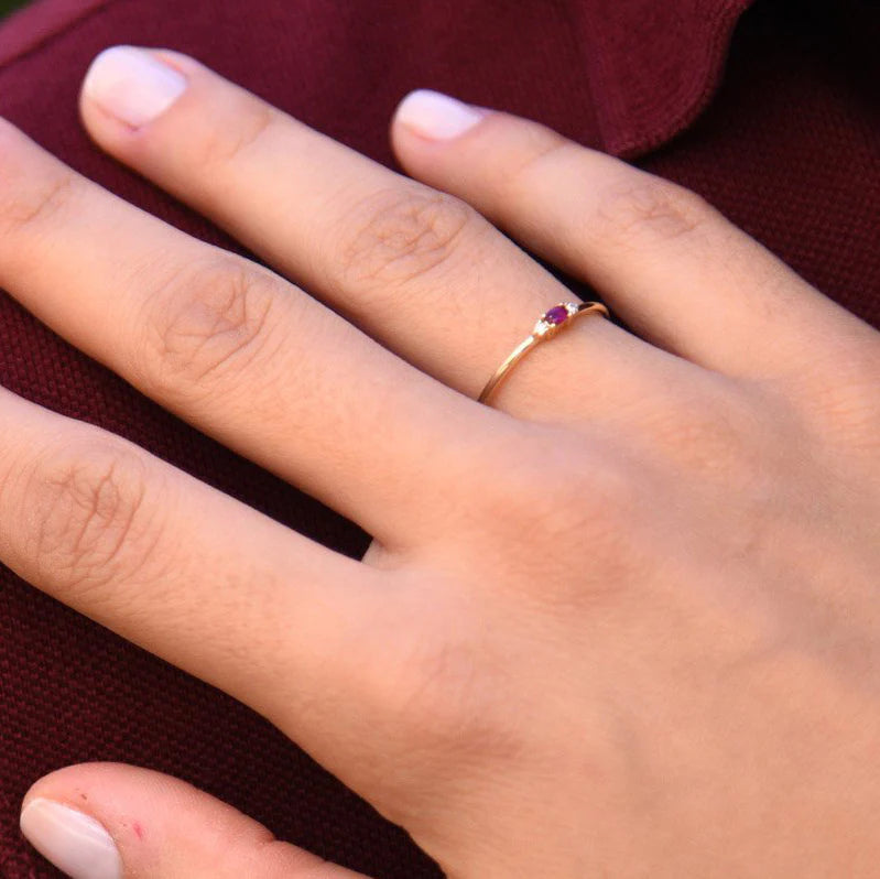 Solid Gold Mini Oval Ruby Ring with Diamonds