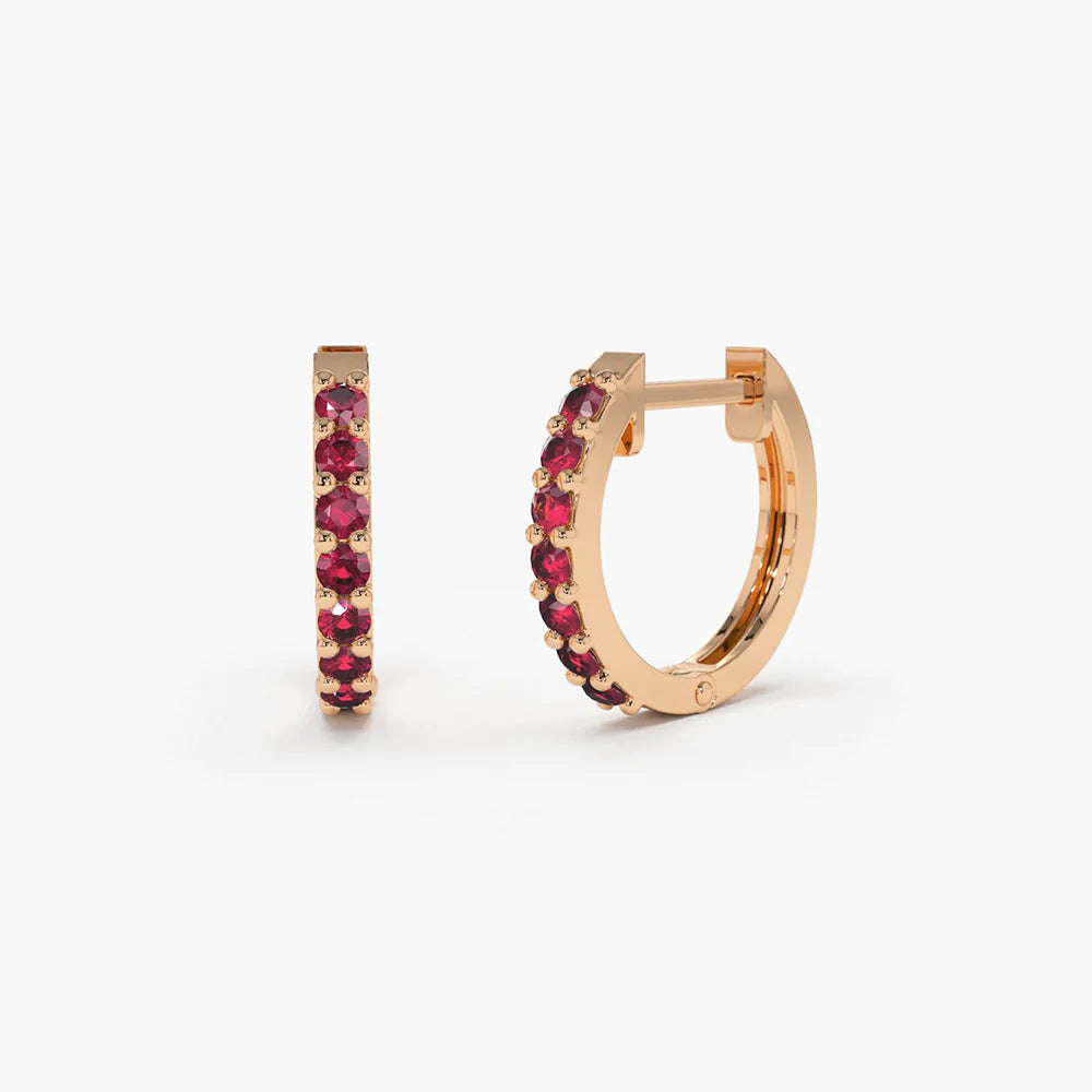 18K Solid Gold Ruby Huggie Hoop Earrings - Style B