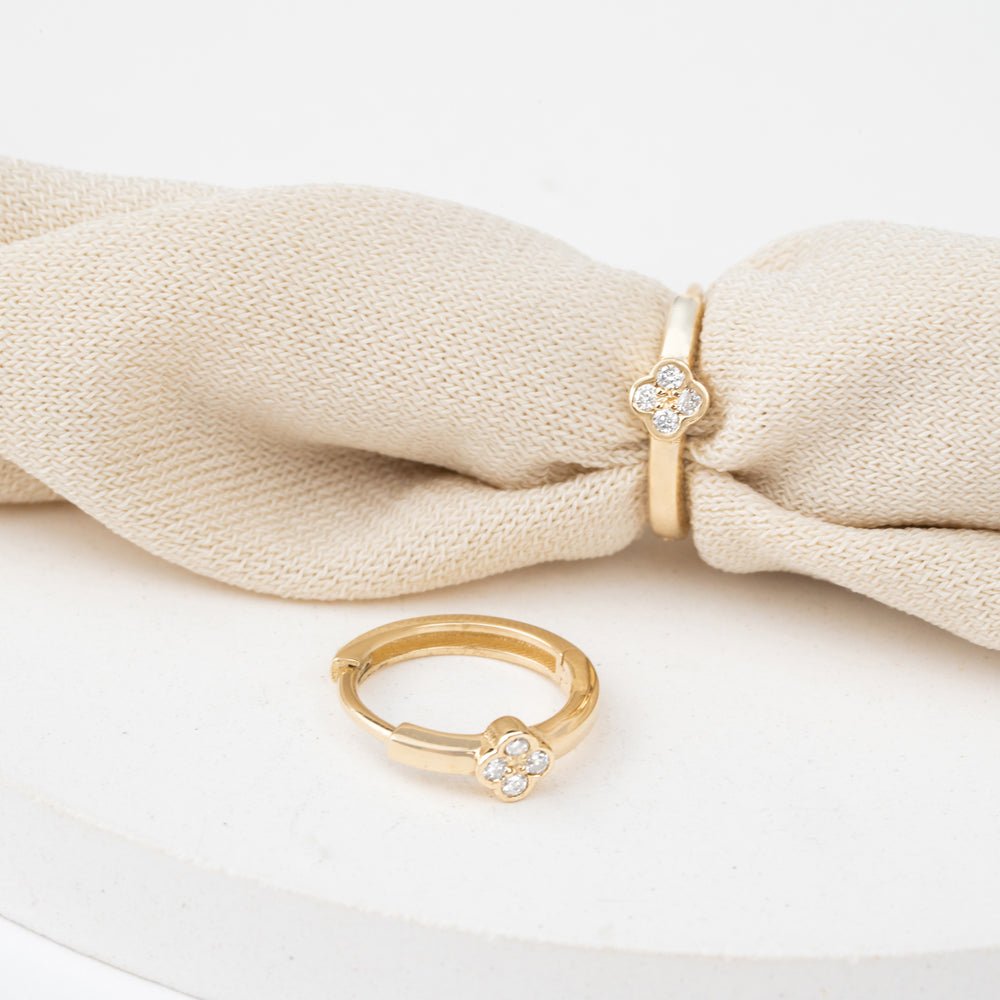 Solid Gold Solid Dainty Diamond Clover Huggies