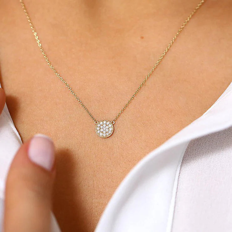 Solid Gold Pave Diamond Disc Necklace