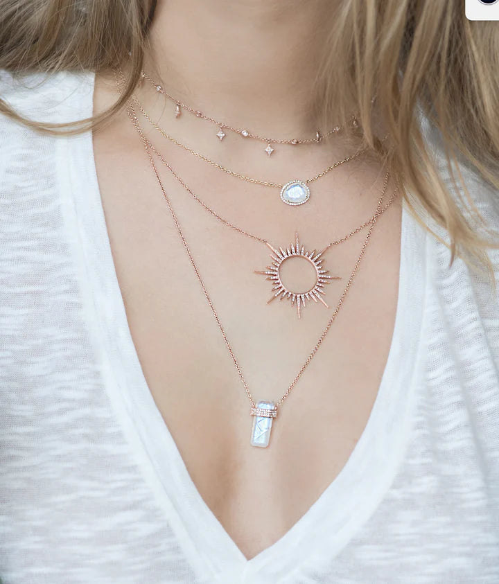 Solid Gold Moonstone Crystal Necklace With 3 Bands Of Diamonds