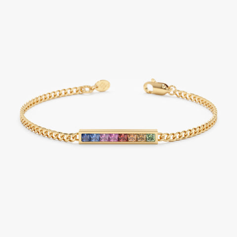 Solid Gold Rainbow Sapphire Cuban Chain Bar Bracelet (236BCF)