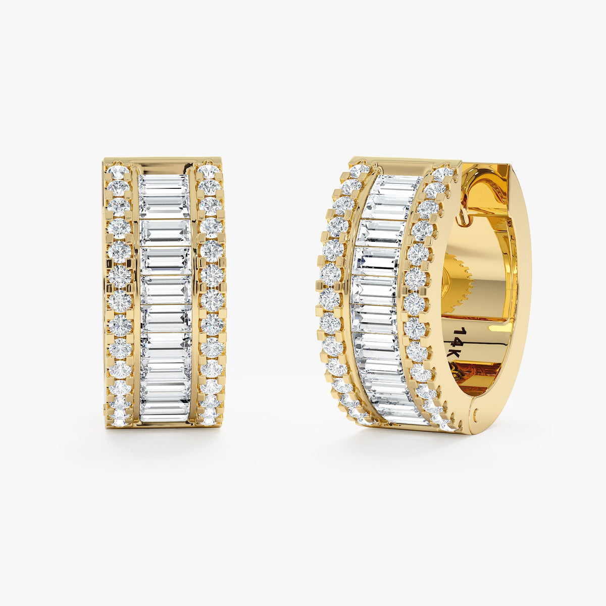 Solid Gold Thick Baguette Diamond Hoops
