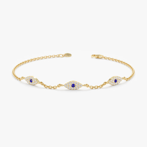 Solid Gold Sapphire Diamond Eye Station Bracelet