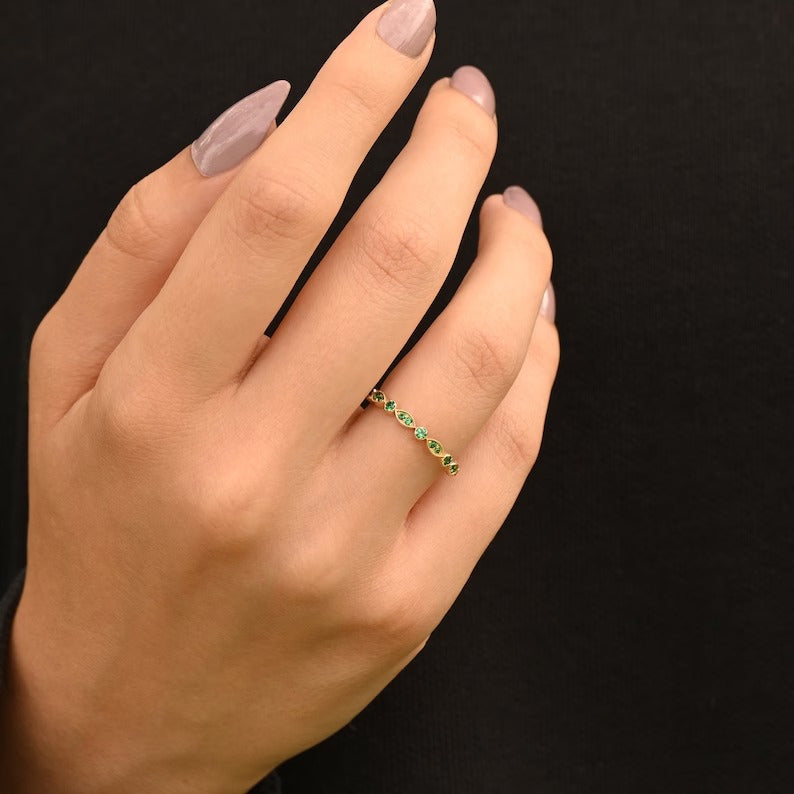 Solid Gold Emerald Art Deco Wedding Band Ring