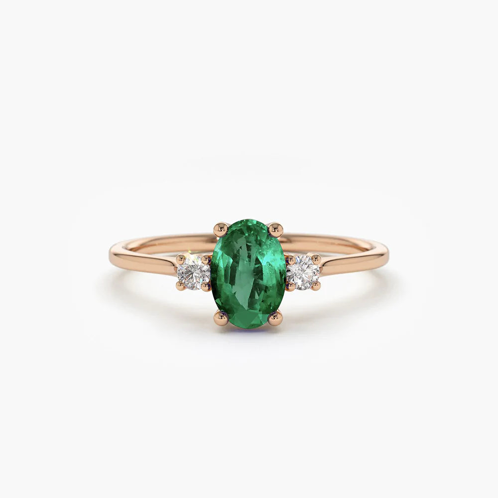 Solid Gold Oval Shape Emerald and Diamond 3 Stone Ring
