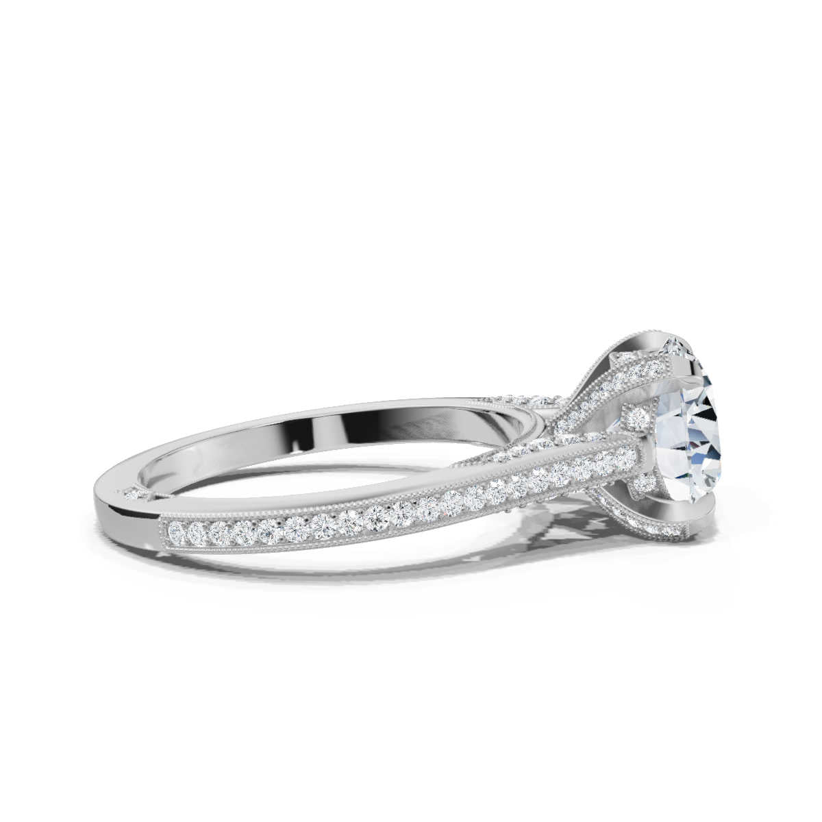 18K Solid Gold 2 CT Round Diamond Ring with Pavé Diamond Accents