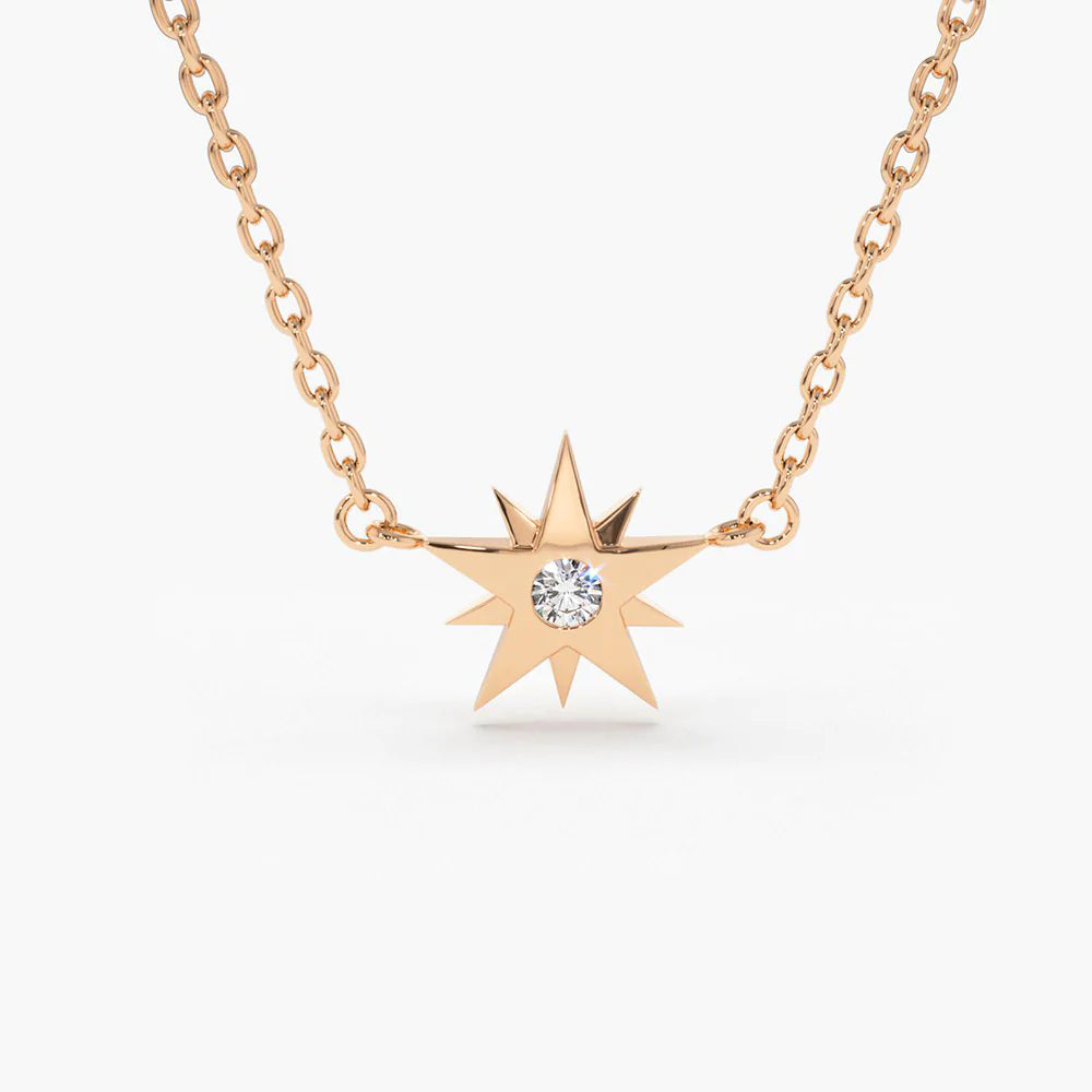 Solid Gold Single Diamond Star Necklace (FAE7D8)