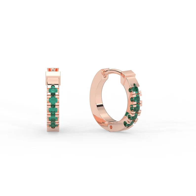 Solid Gold Tiny Hoop Emerald Earrings