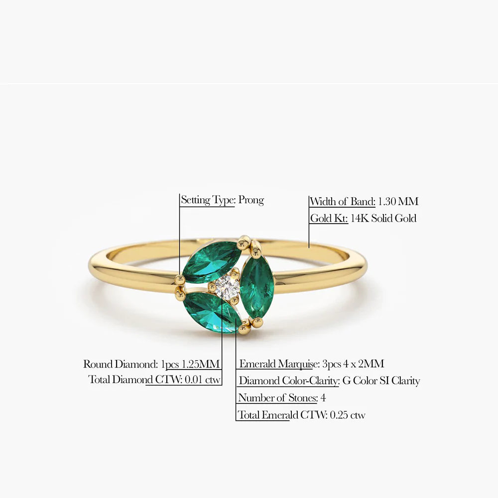 Solid Gold Marquise Emerald Cluster Ring (0F34A4)