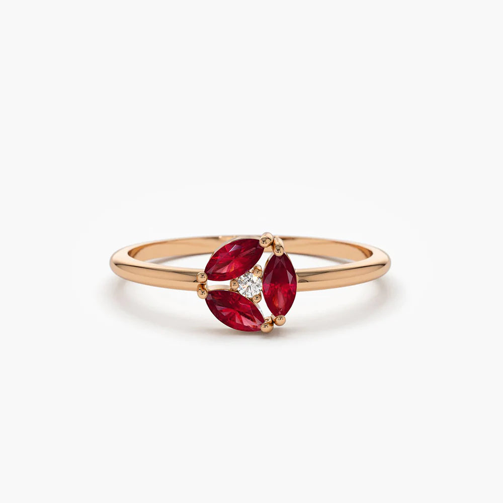 Solid Gold Ruby Cluster Diamond Ring
