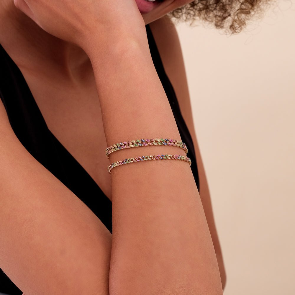 14K Solid Gold Rainbow Sapphire Cuban Chain Bracelet - Style B