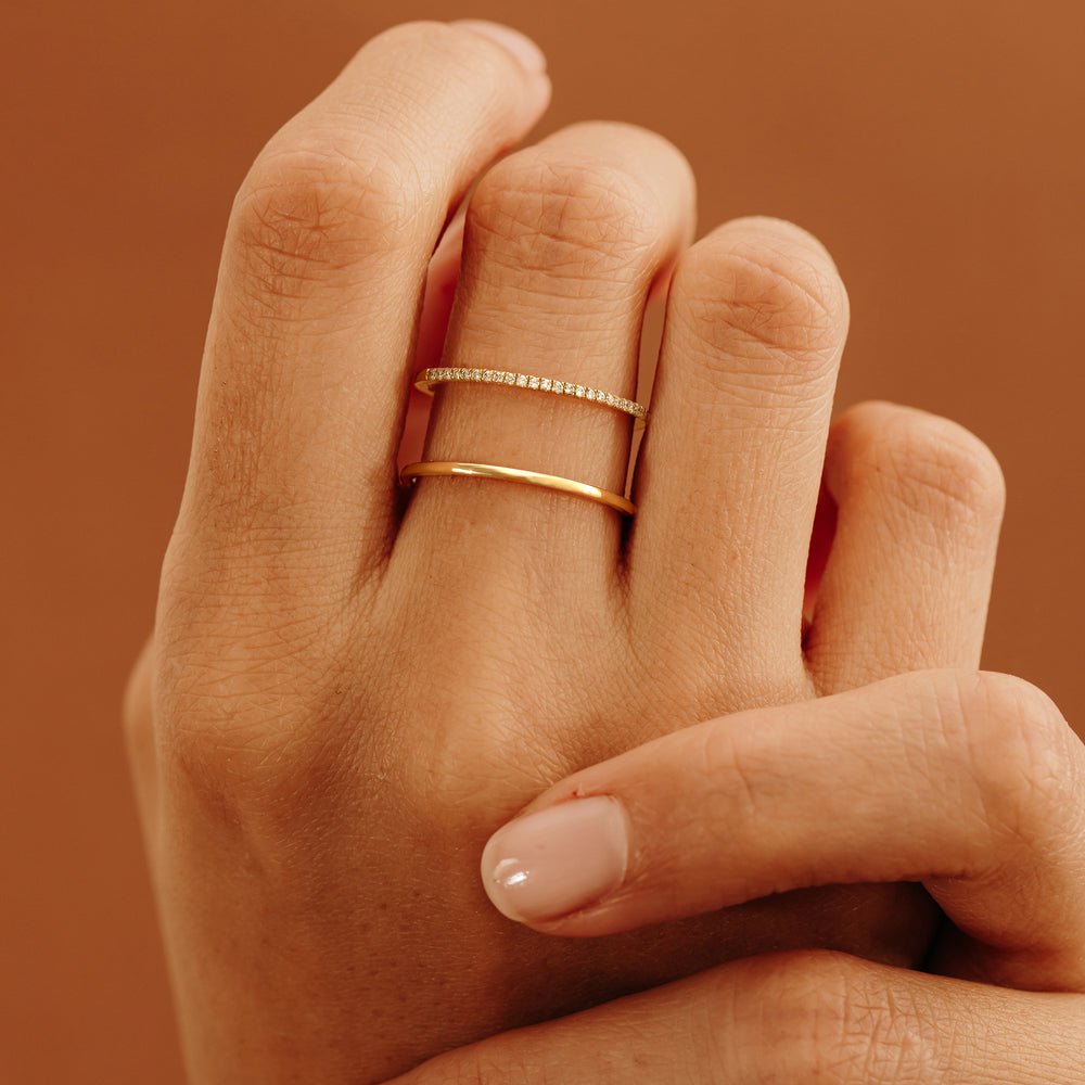 18K Solid Gold Plain and Diamond Line Ring